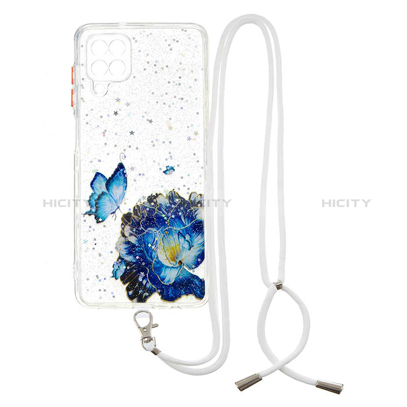 Handyhülle Silikon Hülle Gummi Schutzhülle Flexible Modisch Muster mit Schlüsselband Lanyard Y01X für Samsung Galaxy A12 Blau