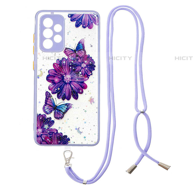 Handyhülle Silikon Hülle Gummi Schutzhülle Flexible Modisch Muster mit Schlüsselband Lanyard Y01X für Samsung Galaxy A52 4G Violett Plus