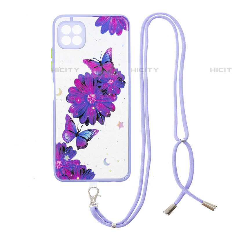 Handyhülle Silikon Hülle Gummi Schutzhülle Flexible Modisch Muster mit Schlüsselband Lanyard Y01X für Samsung Galaxy F42 5G Violett