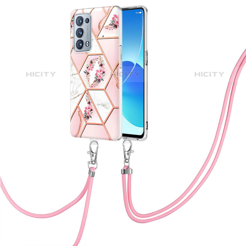 Handyhülle Silikon Hülle Gummi Schutzhülle Flexible Modisch Muster mit Schlüsselband Lanyard Y02B für Oppo Reno6 Pro 5G Rosa Plus