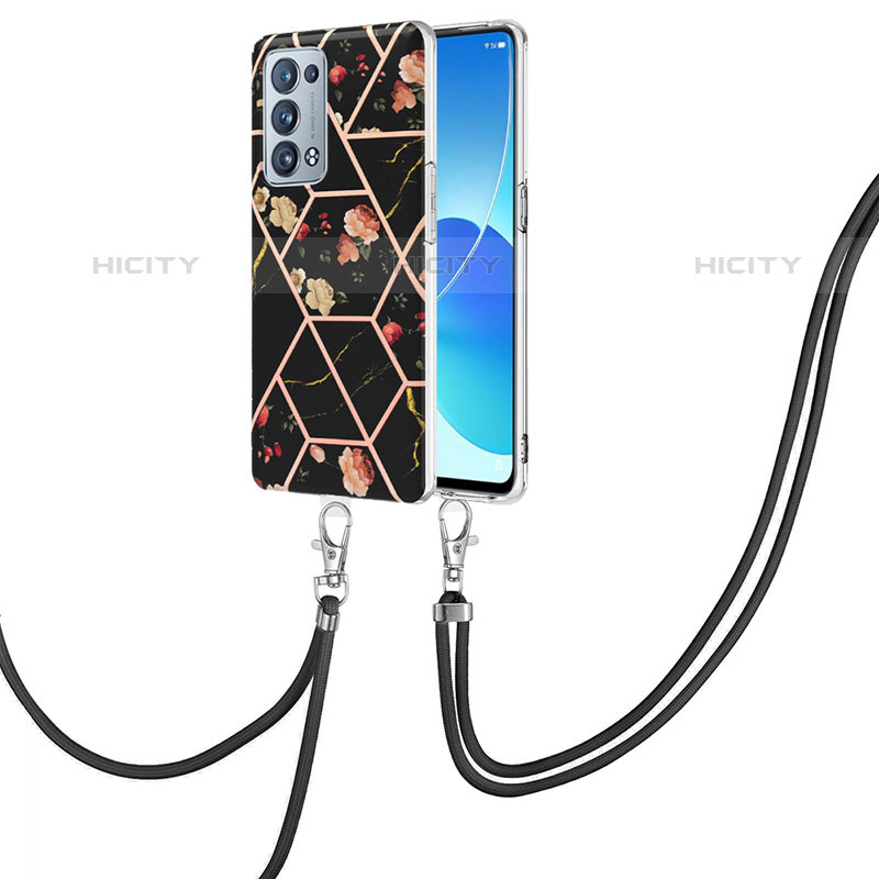 Handyhülle Silikon Hülle Gummi Schutzhülle Flexible Modisch Muster mit Schlüsselband Lanyard Y02B für Oppo Reno6 Pro 5G Schwarz