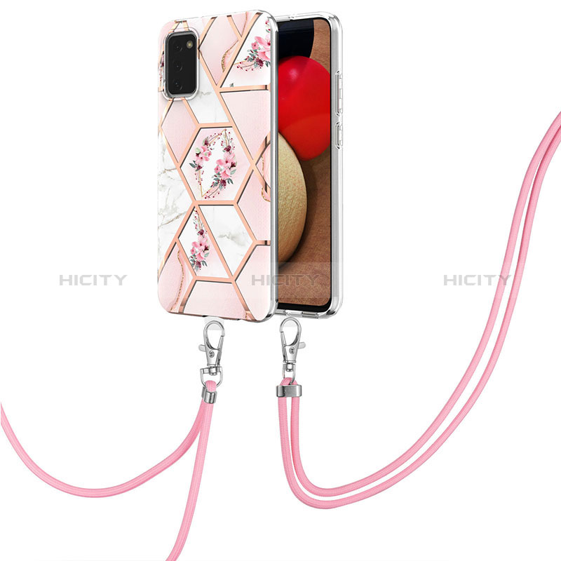 Handyhülle Silikon Hülle Gummi Schutzhülle Flexible Modisch Muster mit Schlüsselband Lanyard Y02B für Samsung Galaxy A02s Rosa Plus