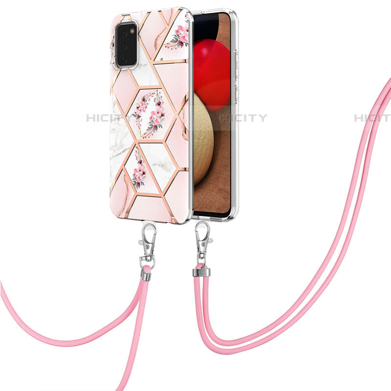 Handyhülle Silikon Hülle Gummi Schutzhülle Flexible Modisch Muster mit Schlüsselband Lanyard Y02B für Samsung Galaxy A03s Rosa