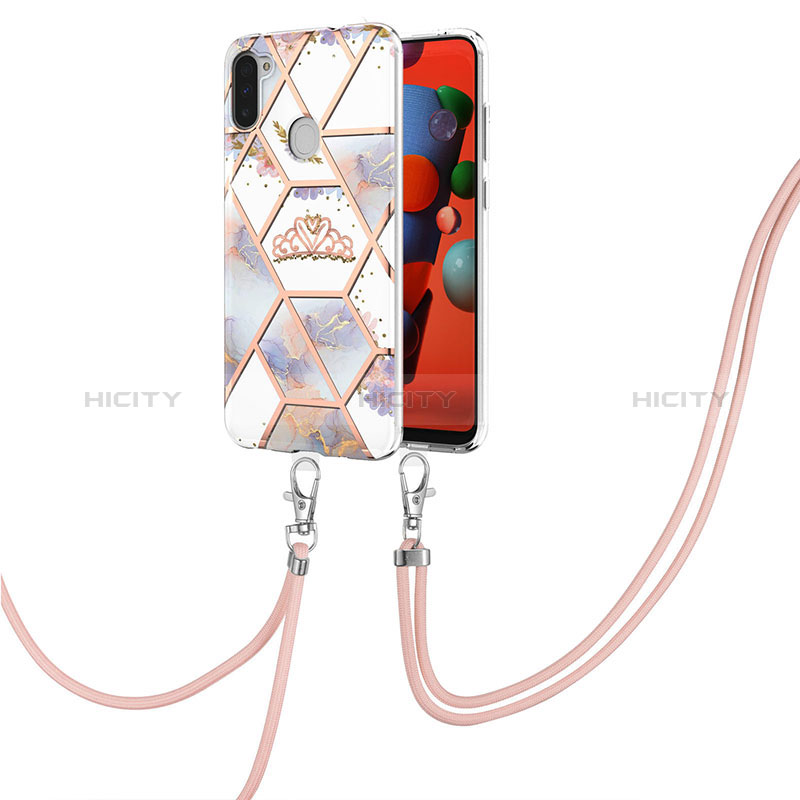 Handyhülle Silikon Hülle Gummi Schutzhülle Flexible Modisch Muster mit Schlüsselband Lanyard Y02B für Samsung Galaxy A11 Grau