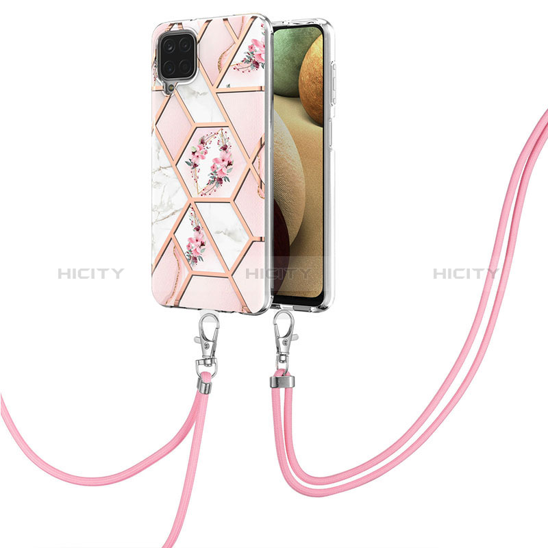 Handyhülle Silikon Hülle Gummi Schutzhülle Flexible Modisch Muster mit Schlüsselband Lanyard Y02B für Samsung Galaxy A12 Rosa