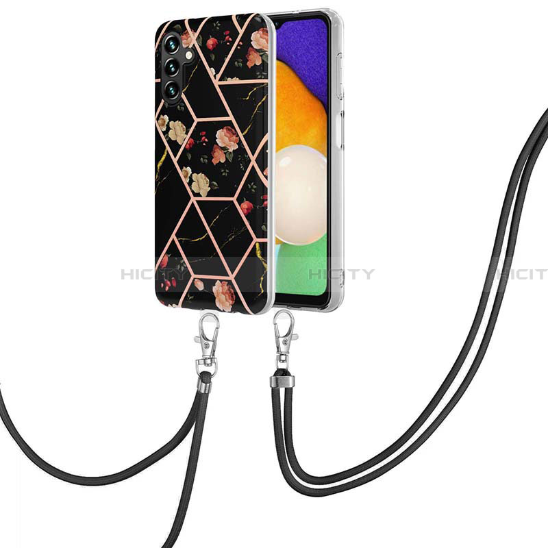 Handyhülle Silikon Hülle Gummi Schutzhülle Flexible Modisch Muster mit Schlüsselband Lanyard Y02B für Samsung Galaxy A13 5G Schwarz