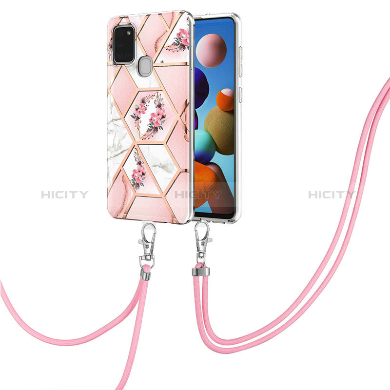 Handyhülle Silikon Hülle Gummi Schutzhülle Flexible Modisch Muster mit Schlüsselband Lanyard Y02B für Samsung Galaxy A21s groß