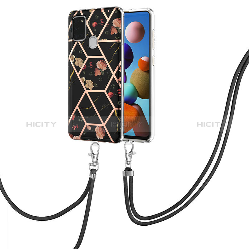 Handyhülle Silikon Hülle Gummi Schutzhülle Flexible Modisch Muster mit Schlüsselband Lanyard Y02B für Samsung Galaxy A21s groß