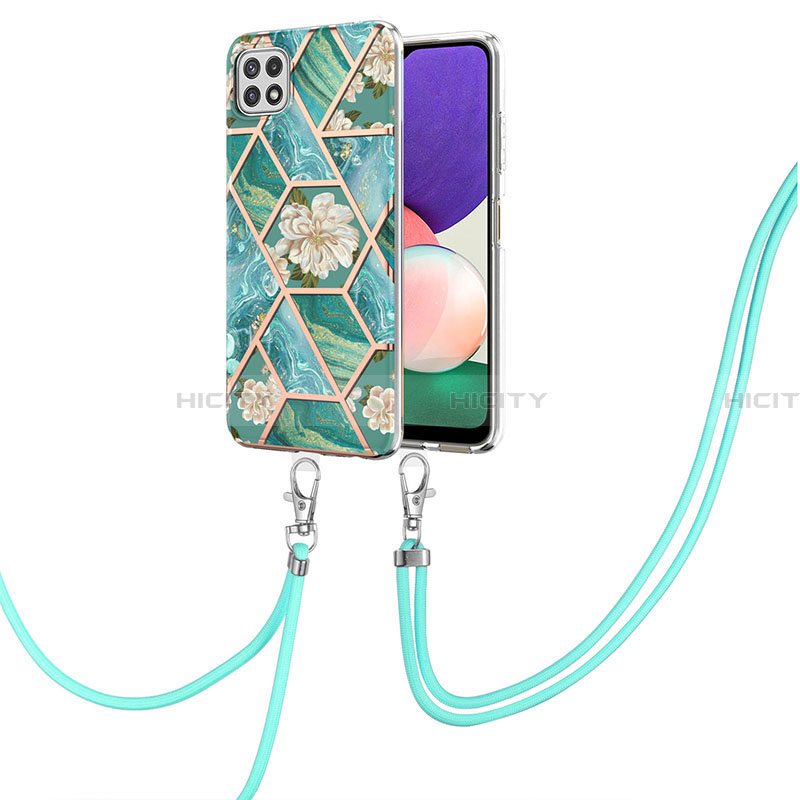 Handyhülle Silikon Hülle Gummi Schutzhülle Flexible Modisch Muster mit Schlüsselband Lanyard Y02B für Samsung Galaxy A22 5G Grün