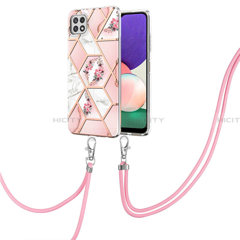 Handyhülle Silikon Hülle Gummi Schutzhülle Flexible Modisch Muster mit Schlüsselband Lanyard Y02B für Samsung Galaxy A22 5G Rosa