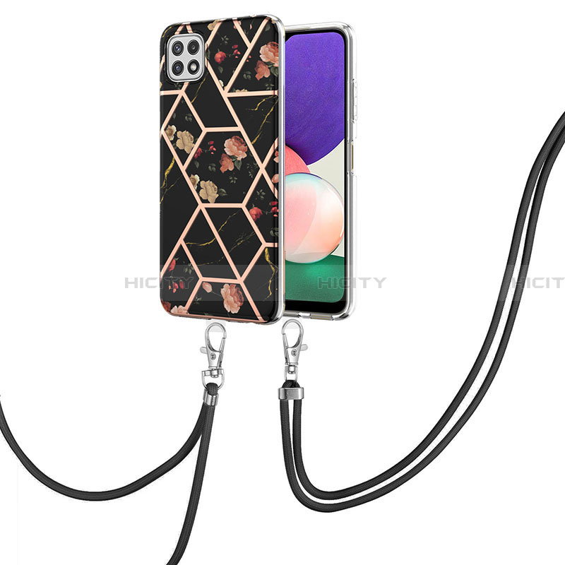 Handyhülle Silikon Hülle Gummi Schutzhülle Flexible Modisch Muster mit Schlüsselband Lanyard Y02B für Samsung Galaxy A22 5G Schwarz Plus