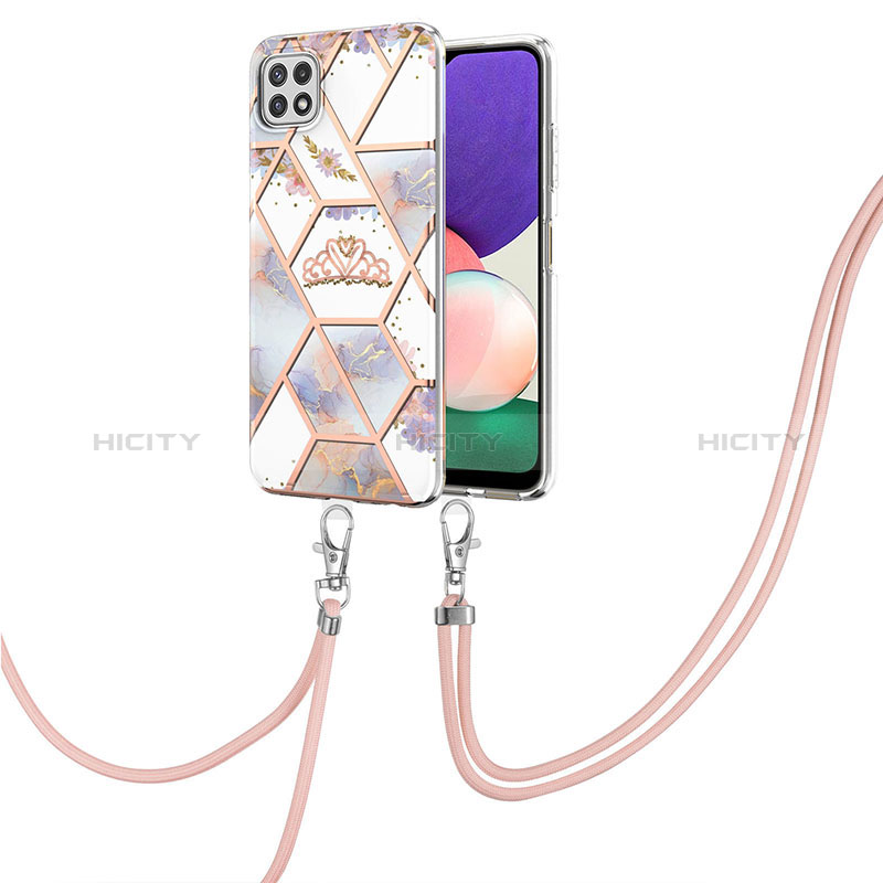 Handyhülle Silikon Hülle Gummi Schutzhülle Flexible Modisch Muster mit Schlüsselband Lanyard Y02B für Samsung Galaxy A22s 5G Grau