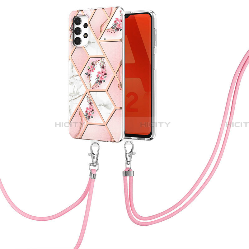 Handyhülle Silikon Hülle Gummi Schutzhülle Flexible Modisch Muster mit Schlüsselband Lanyard Y02B für Samsung Galaxy A32 4G Rosa