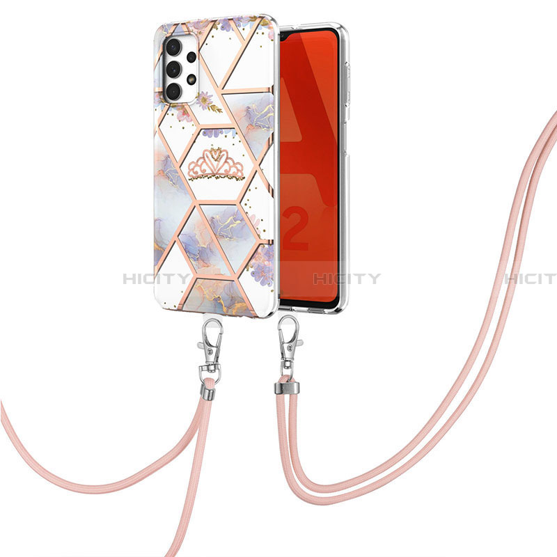 Handyhülle Silikon Hülle Gummi Schutzhülle Flexible Modisch Muster mit Schlüsselband Lanyard Y02B für Samsung Galaxy A32 5G Grau