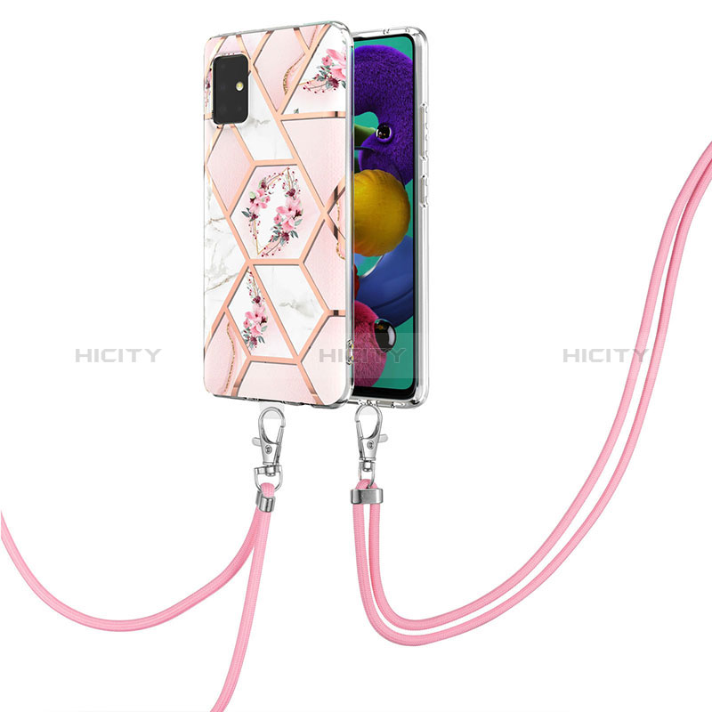 Handyhülle Silikon Hülle Gummi Schutzhülle Flexible Modisch Muster mit Schlüsselband Lanyard Y02B für Samsung Galaxy A51 4G Rosa