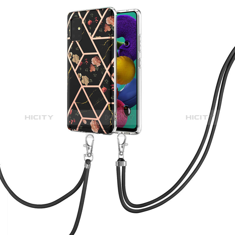 Handyhülle Silikon Hülle Gummi Schutzhülle Flexible Modisch Muster mit Schlüsselband Lanyard Y02B für Samsung Galaxy A51 4G Schwarz