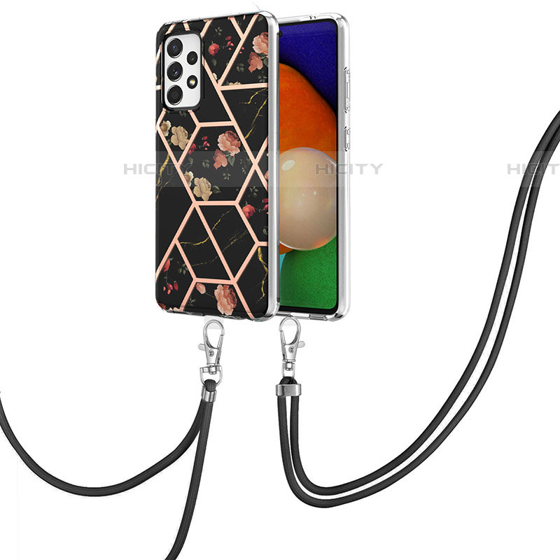 Handyhülle Silikon Hülle Gummi Schutzhülle Flexible Modisch Muster mit Schlüsselband Lanyard Y02B für Samsung Galaxy A52 4G Schwarz