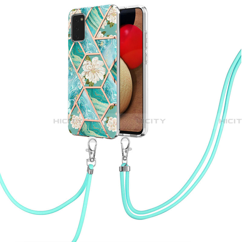 Handyhülle Silikon Hülle Gummi Schutzhülle Flexible Modisch Muster mit Schlüsselband Lanyard Y02B für Samsung Galaxy F02S SM-E025F Grün Plus