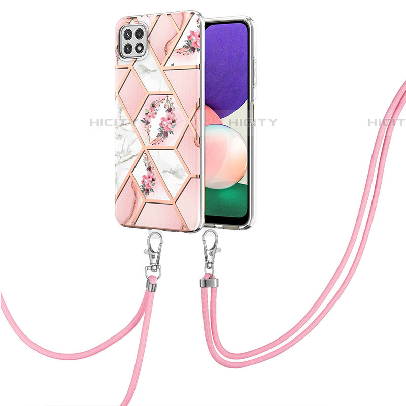 Handyhülle Silikon Hülle Gummi Schutzhülle Flexible Modisch Muster mit Schlüsselband Lanyard Y02B für Samsung Galaxy F42 5G Rosa