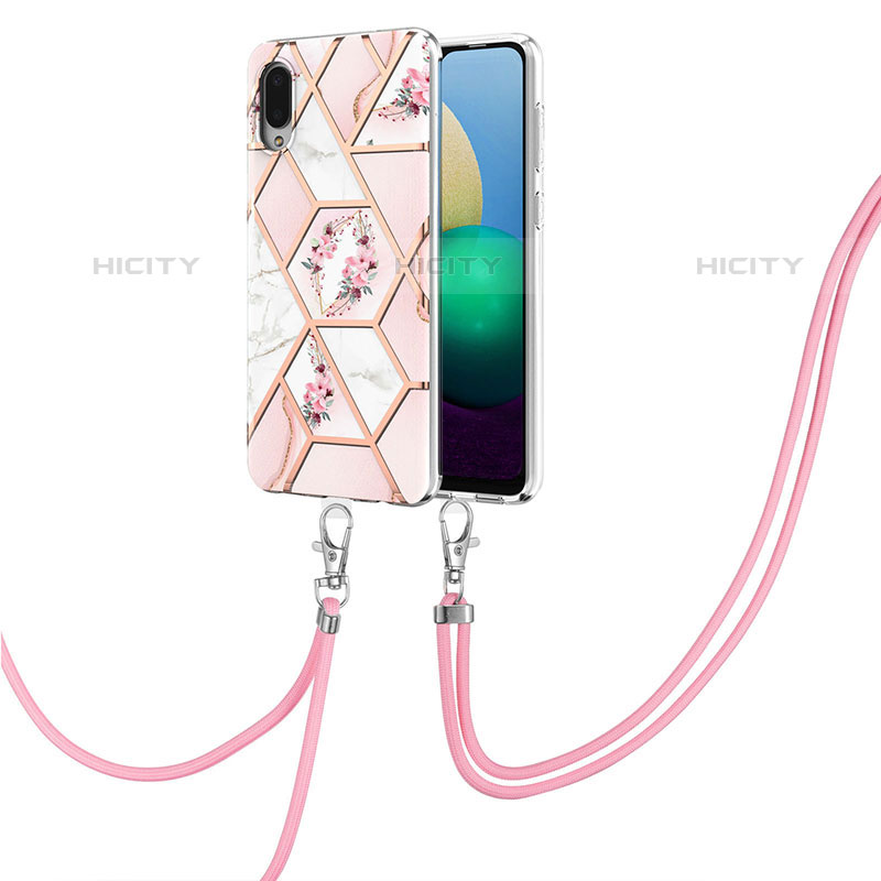 Handyhülle Silikon Hülle Gummi Schutzhülle Flexible Modisch Muster mit Schlüsselband Lanyard Y02B für Samsung Galaxy M02 Rosa