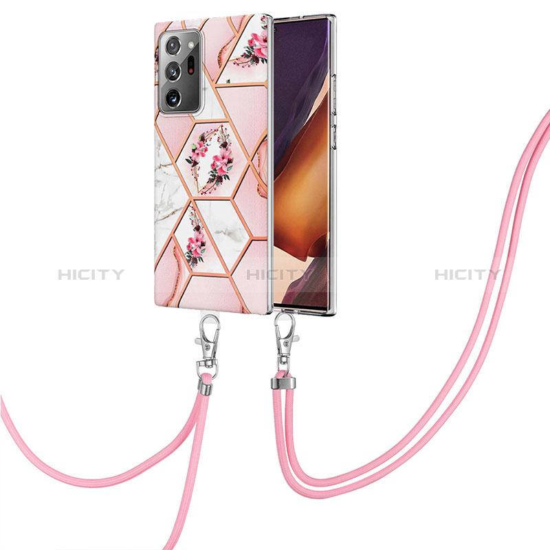 Handyhülle Silikon Hülle Gummi Schutzhülle Flexible Modisch Muster mit Schlüsselband Lanyard Y02B für Samsung Galaxy Note 20 Ultra 5G Rosa