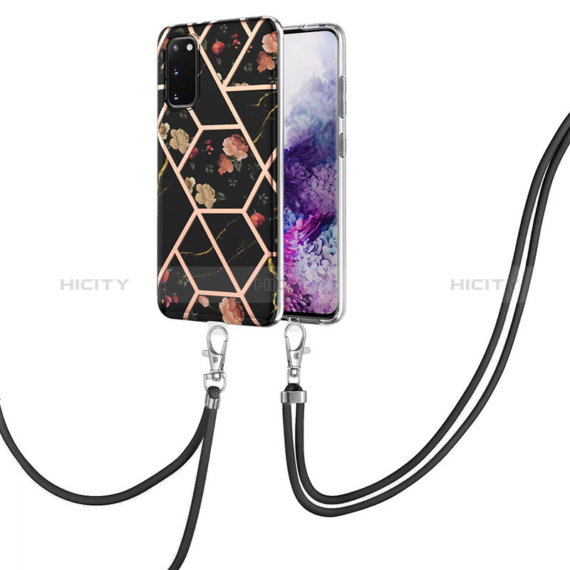 Handyhülle Silikon Hülle Gummi Schutzhülle Flexible Modisch Muster mit Schlüsselband Lanyard Y02B für Samsung Galaxy S20 5G Schwarz