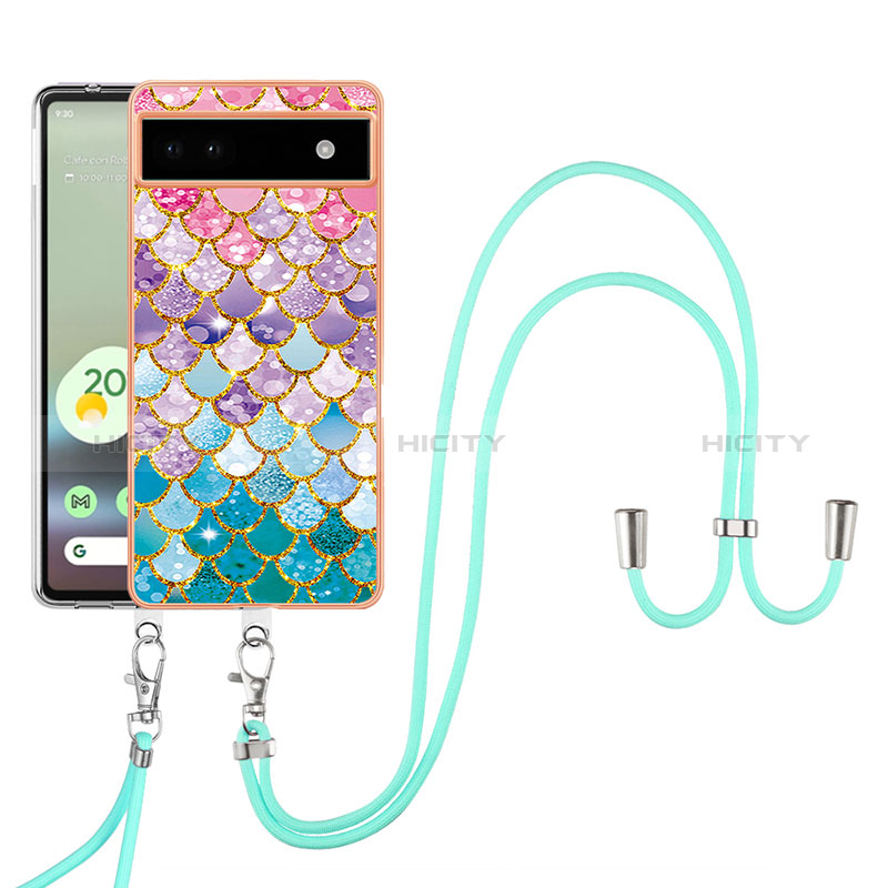 Handyhülle Silikon Hülle Gummi Schutzhülle Flexible Modisch Muster mit Schlüsselband Lanyard Y03B für Google Pixel 6a 5G Bunt Plus