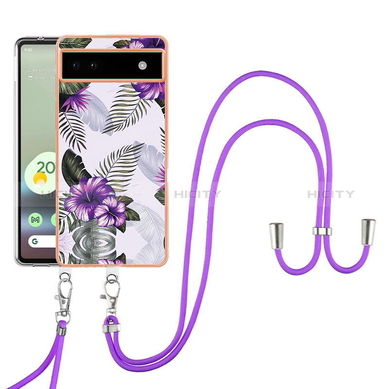 Handyhülle Silikon Hülle Gummi Schutzhülle Flexible Modisch Muster mit Schlüsselband Lanyard Y03B für Google Pixel 6a 5G Violett Plus