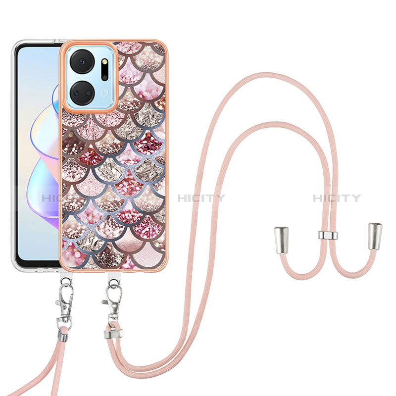 Handyhülle Silikon Hülle Gummi Schutzhülle Flexible Modisch Muster mit Schlüsselband Lanyard Y03B für Huawei Honor X7a Braun