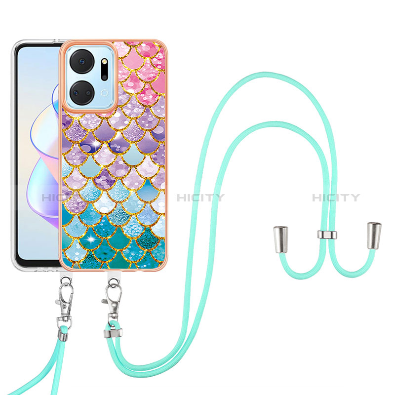 Handyhülle Silikon Hülle Gummi Schutzhülle Flexible Modisch Muster mit Schlüsselband Lanyard Y03B für Huawei Honor X7a Bunt