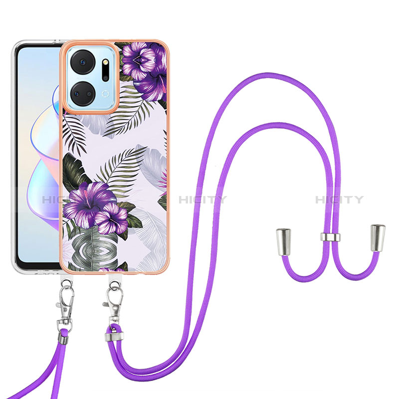 Handyhülle Silikon Hülle Gummi Schutzhülle Flexible Modisch Muster mit Schlüsselband Lanyard Y03B für Huawei Honor X7a Violett