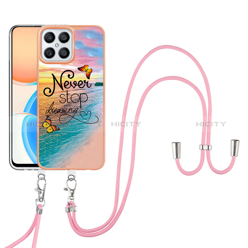 Handyhülle Silikon Hülle Gummi Schutzhülle Flexible Modisch Muster mit Schlüsselband Lanyard Y03B für Huawei Honor X8 4G