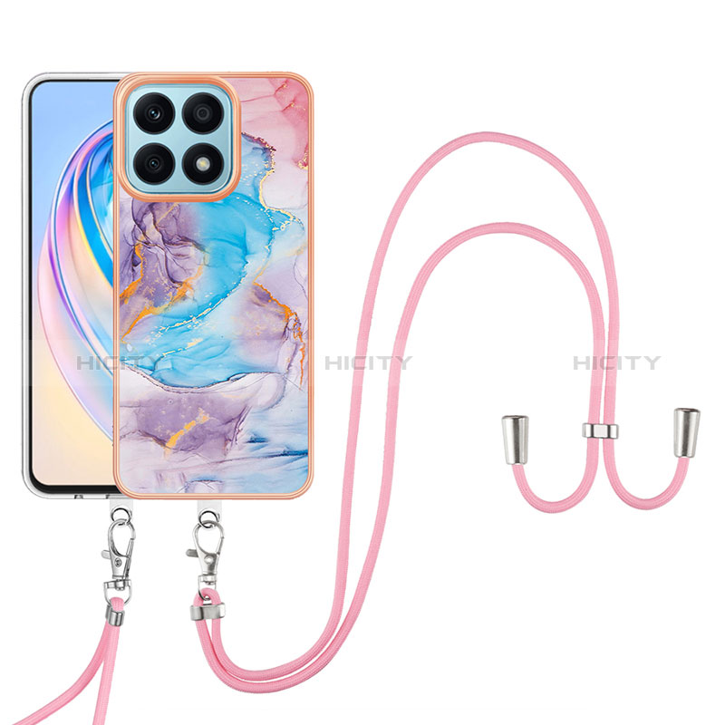 Handyhülle Silikon Hülle Gummi Schutzhülle Flexible Modisch Muster mit Schlüsselband Lanyard Y03B für Huawei Honor X8a 4G Blau