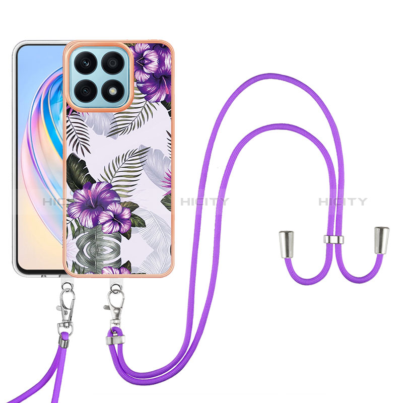 Handyhülle Silikon Hülle Gummi Schutzhülle Flexible Modisch Muster mit Schlüsselband Lanyard Y03B für Huawei Honor X8a 4G Violett