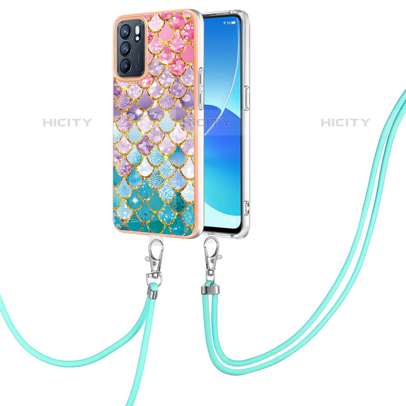 Handyhülle Silikon Hülle Gummi Schutzhülle Flexible Modisch Muster mit Schlüsselband Lanyard Y03B für Oppo Reno6 5G groß