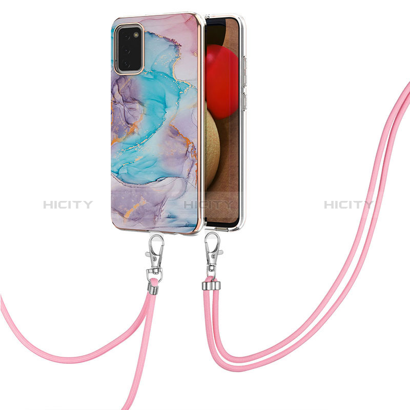 Handyhülle Silikon Hülle Gummi Schutzhülle Flexible Modisch Muster mit Schlüsselband Lanyard Y03B für Samsung Galaxy A02s Blau