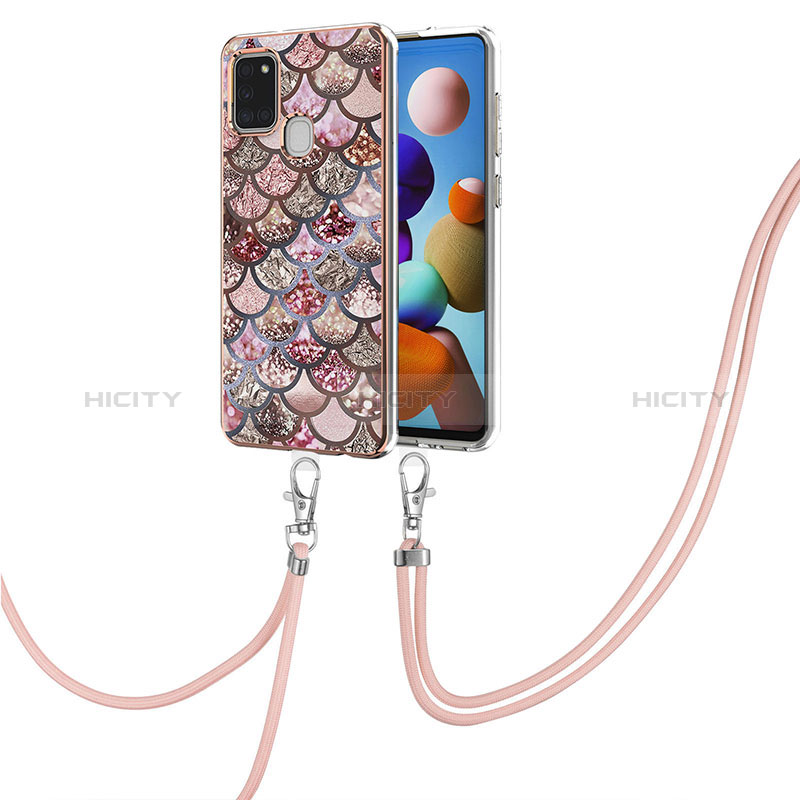 Handyhülle Silikon Hülle Gummi Schutzhülle Flexible Modisch Muster mit Schlüsselband Lanyard Y03B für Samsung Galaxy A21s Braun