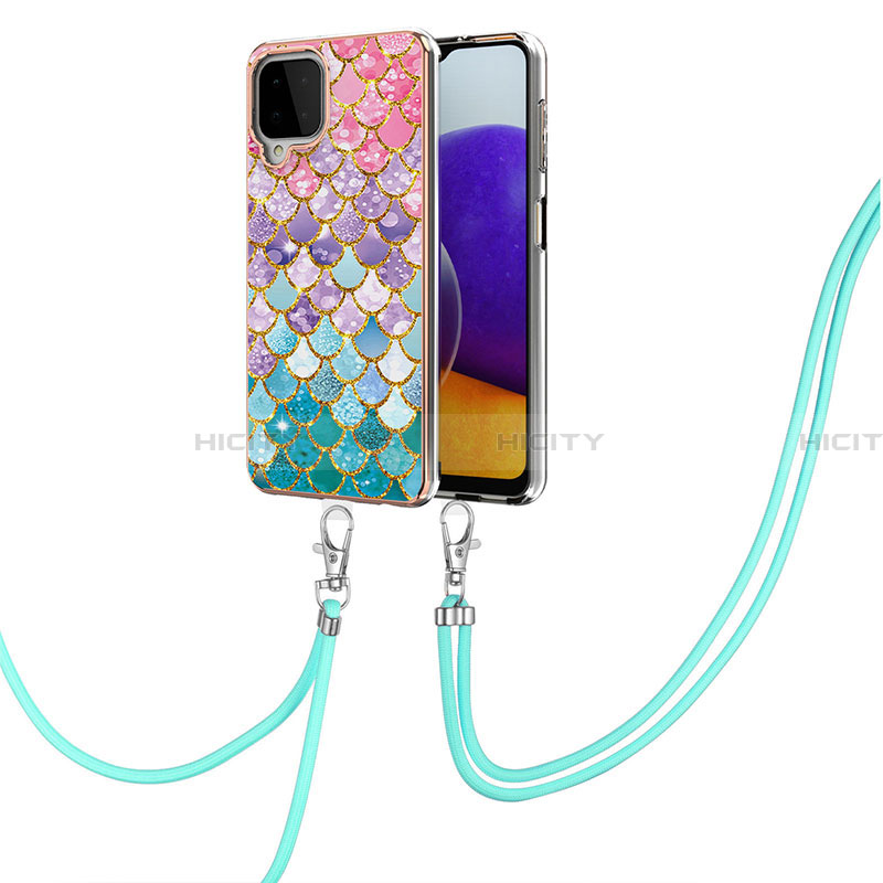 Handyhülle Silikon Hülle Gummi Schutzhülle Flexible Modisch Muster mit Schlüsselband Lanyard Y03B für Samsung Galaxy A22 4G groß