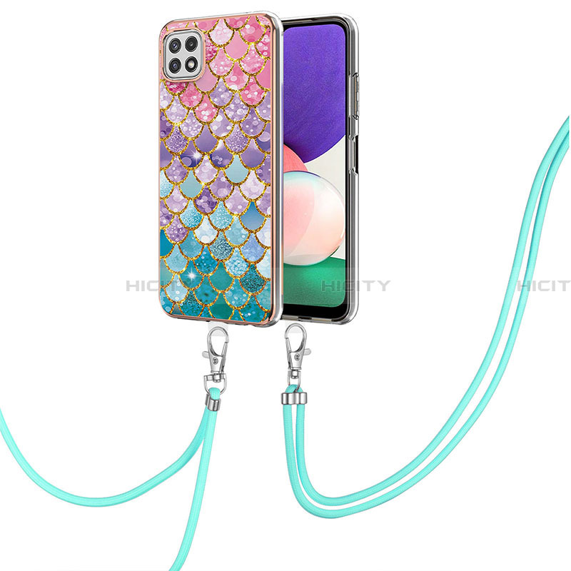 Handyhülle Silikon Hülle Gummi Schutzhülle Flexible Modisch Muster mit Schlüsselband Lanyard Y03B für Samsung Galaxy A22 5G groß