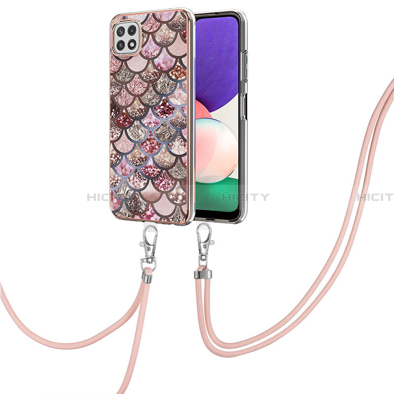 Handyhülle Silikon Hülle Gummi Schutzhülle Flexible Modisch Muster mit Schlüsselband Lanyard Y03B für Samsung Galaxy A22 5G Braun