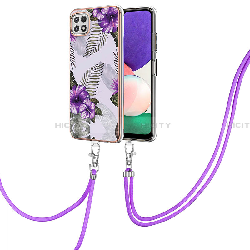 Handyhülle Silikon Hülle Gummi Schutzhülle Flexible Modisch Muster mit Schlüsselband Lanyard Y03B für Samsung Galaxy A22 5G Violett