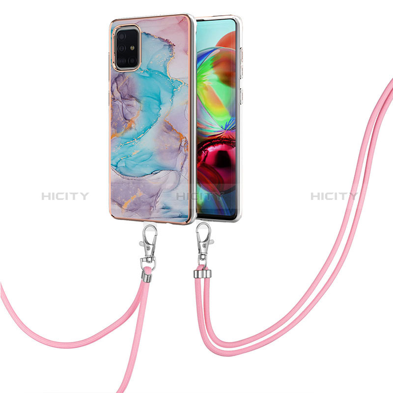 Handyhülle Silikon Hülle Gummi Schutzhülle Flexible Modisch Muster mit Schlüsselband Lanyard Y03B für Samsung Galaxy A71 4G A715 Blau