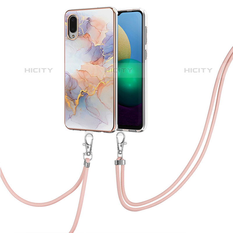 Handyhülle Silikon Hülle Gummi Schutzhülle Flexible Modisch Muster mit Schlüsselband Lanyard Y03B für Samsung Galaxy M02 Helles Lila