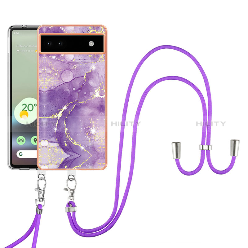 Handyhülle Silikon Hülle Gummi Schutzhülle Flexible Modisch Muster mit Schlüsselband Lanyard Y05B für Google Pixel 6a 5G Violett Plus