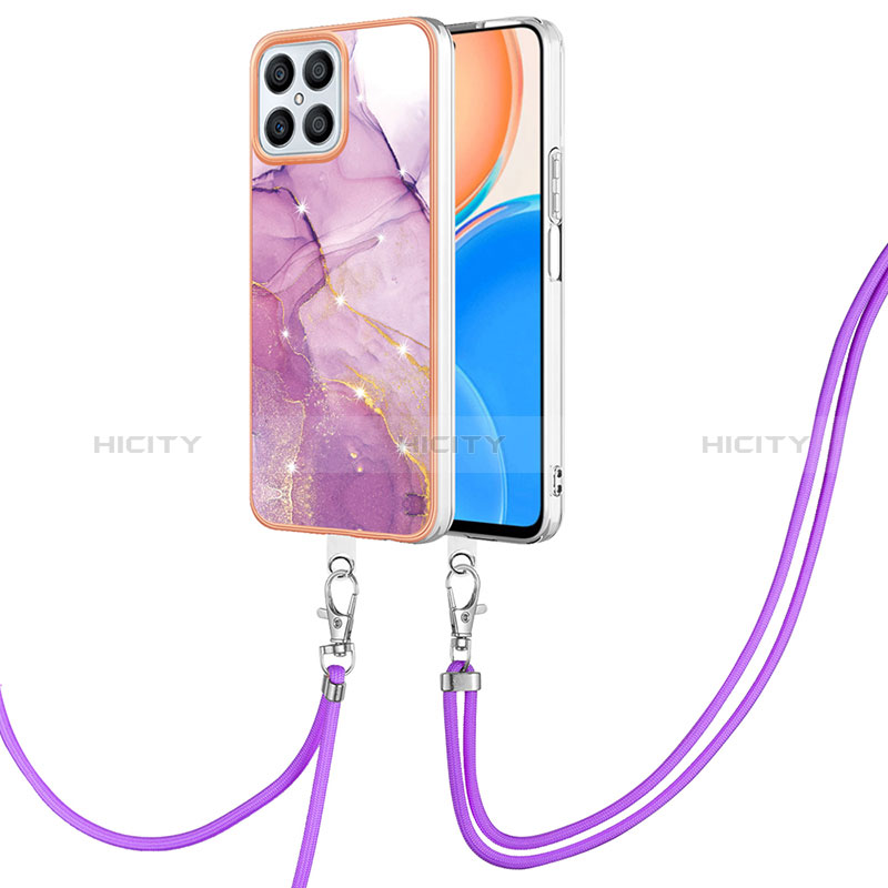 Handyhülle Silikon Hülle Gummi Schutzhülle Flexible Modisch Muster mit Schlüsselband Lanyard Y05B für Huawei Honor X8 4G Helles Lila