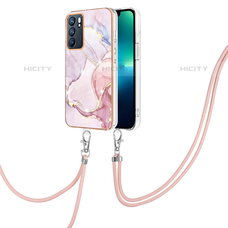 Handyhülle Silikon Hülle Gummi Schutzhülle Flexible Modisch Muster mit Schlüsselband Lanyard Y05B für Oppo Reno6 5G Rosa