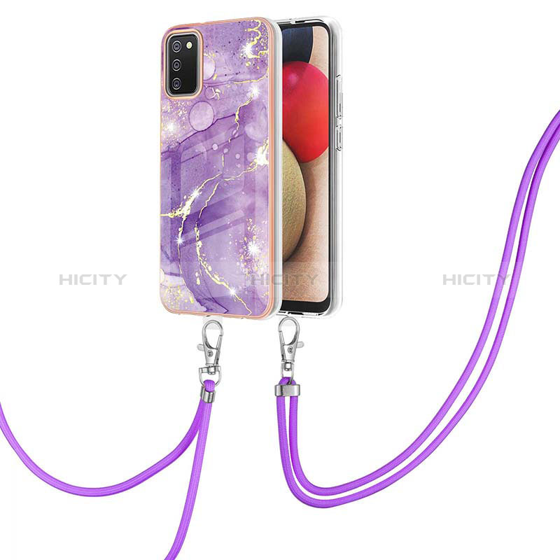 Handyhülle Silikon Hülle Gummi Schutzhülle Flexible Modisch Muster mit Schlüsselband Lanyard Y05B für Samsung Galaxy A02s Violett