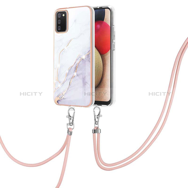 Handyhülle Silikon Hülle Gummi Schutzhülle Flexible Modisch Muster mit Schlüsselband Lanyard Y05B für Samsung Galaxy A02s Weiß Plus