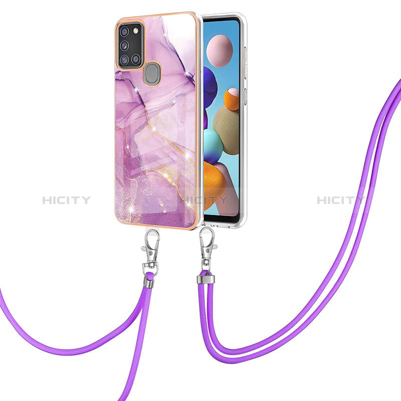 Handyhülle Silikon Hülle Gummi Schutzhülle Flexible Modisch Muster mit Schlüsselband Lanyard Y05B für Samsung Galaxy A21s groß