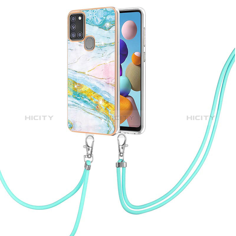 Handyhülle Silikon Hülle Gummi Schutzhülle Flexible Modisch Muster mit Schlüsselband Lanyard Y05B für Samsung Galaxy A21s